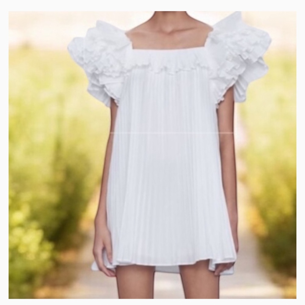 NWT Zara Pleated Ruffle Dress White Size Medium